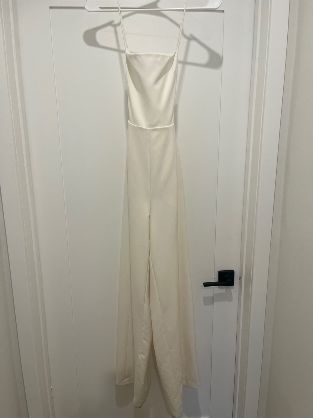 Cream Satin Spaghetti-Strap Wide-Leg Jumpsuit